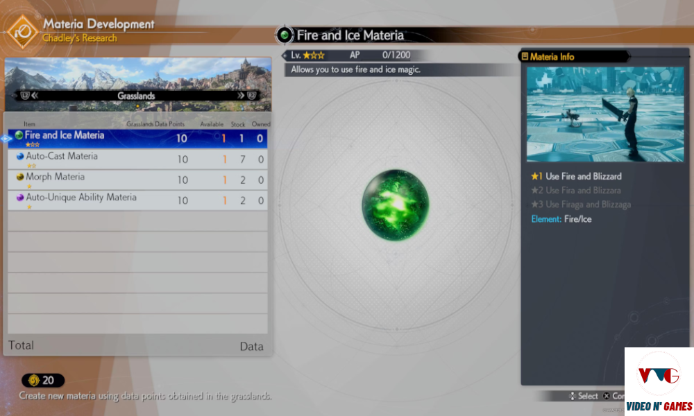Materia de Fogo e Gelo na Tela de Criação de Materia de Chadley em FF7 Rebirth
